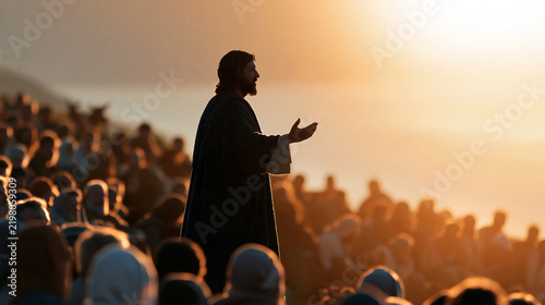A biblical teacher figure teaching a large crowd of followers atop a hill overlooking a lake, sermon and gospel teaching concept, banner design, with copy space
