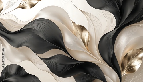 Elegant abstract botanical background featuring flowing black ivory organic petals intertwined with refined metallic gold foliage accents, luxurious high-fashion aesthetic, layered floral silhouette