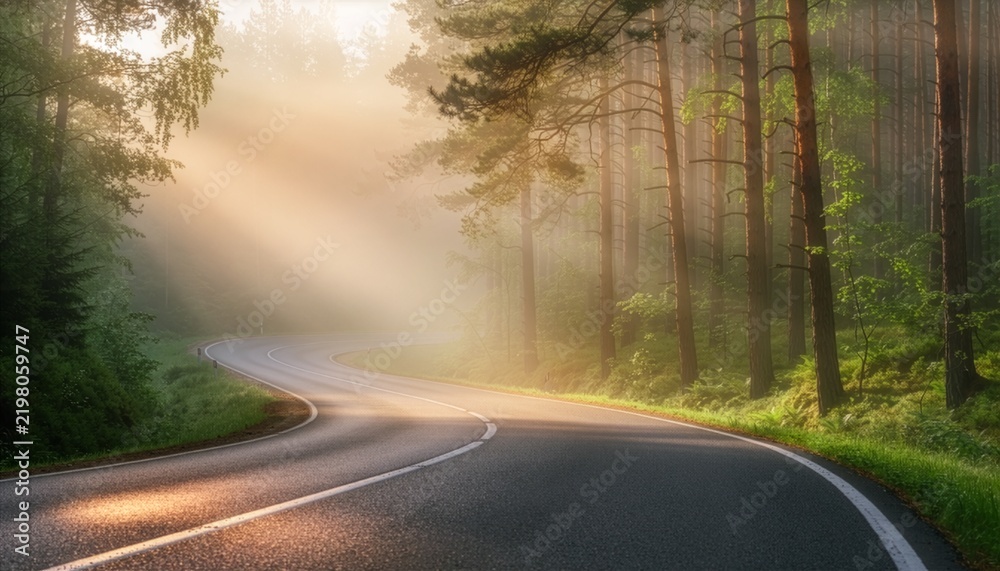 Obraz premium Empty winding asphalt road disappearing into a misty lush green pine forest during golden hour, peaceful travel and nature concept.