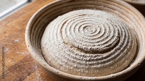 Sourdough bread dough rising inside traditional rattan banneton proofing basket