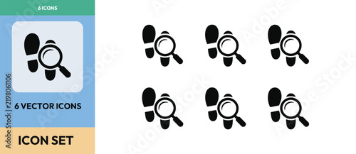 Footprint investigation vector icons showing detective footprints and magnifying glass