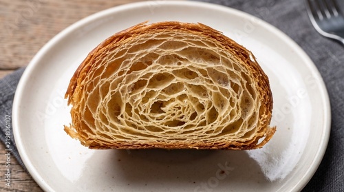 Croissant cut in half showing flaky laminated layers served on a white plate