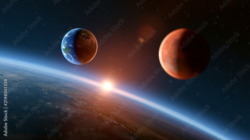 Fototapeta premium Earth planet and a red planet in deep space, distance between planets illustration, space exploration concept, with copy space