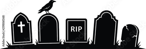 Black silhouette vector illustration of cemetery headstones, old graves, and a raven perched on a tombstone with RIP and cross symbols. Spooky Halloween cemetery scene, perfect for party invitations, 