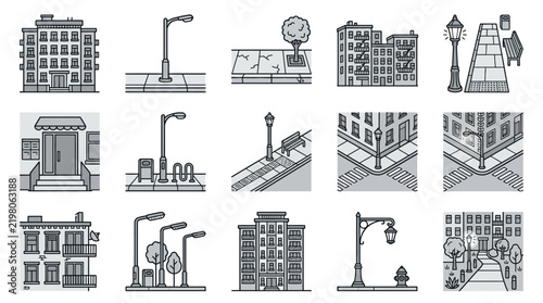 Isometric urban street and building facade icons.