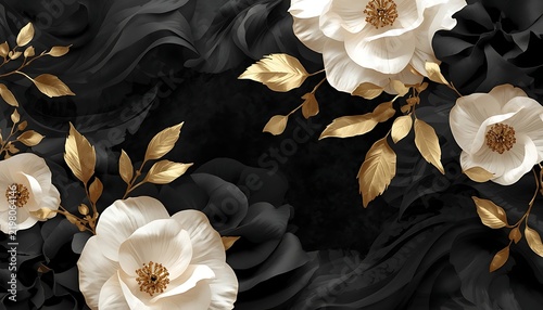 Elegant abstract botanical background featuring flowing black ivory organic petals intertwined with refined metallic gold foliage accents, luxurious high-fashion aesthetic, layered floral silhouette