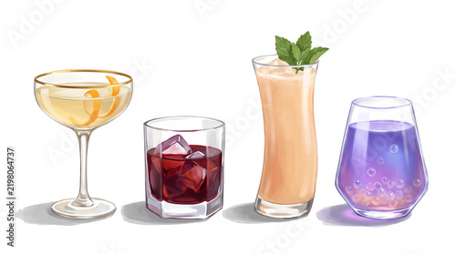 A vibrant collection of refreshing mocktail beverages, illustrated in an opaque gouache style, set against a clean, transparant background.