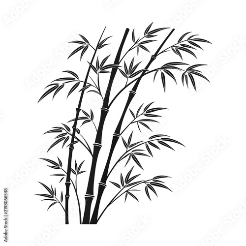 Silhouette of bamboo stalks with leaves against a white background in a clean graphic style