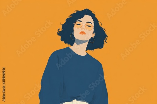 An illustration of a woman wearing glasses and a blue shirt against an orange background. she has a confident and determined expression on her face suggesting she is ready to take on whatever.
