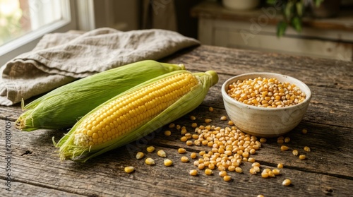 Fresh corn cobs and kernels on rustic wooden table with bowl.