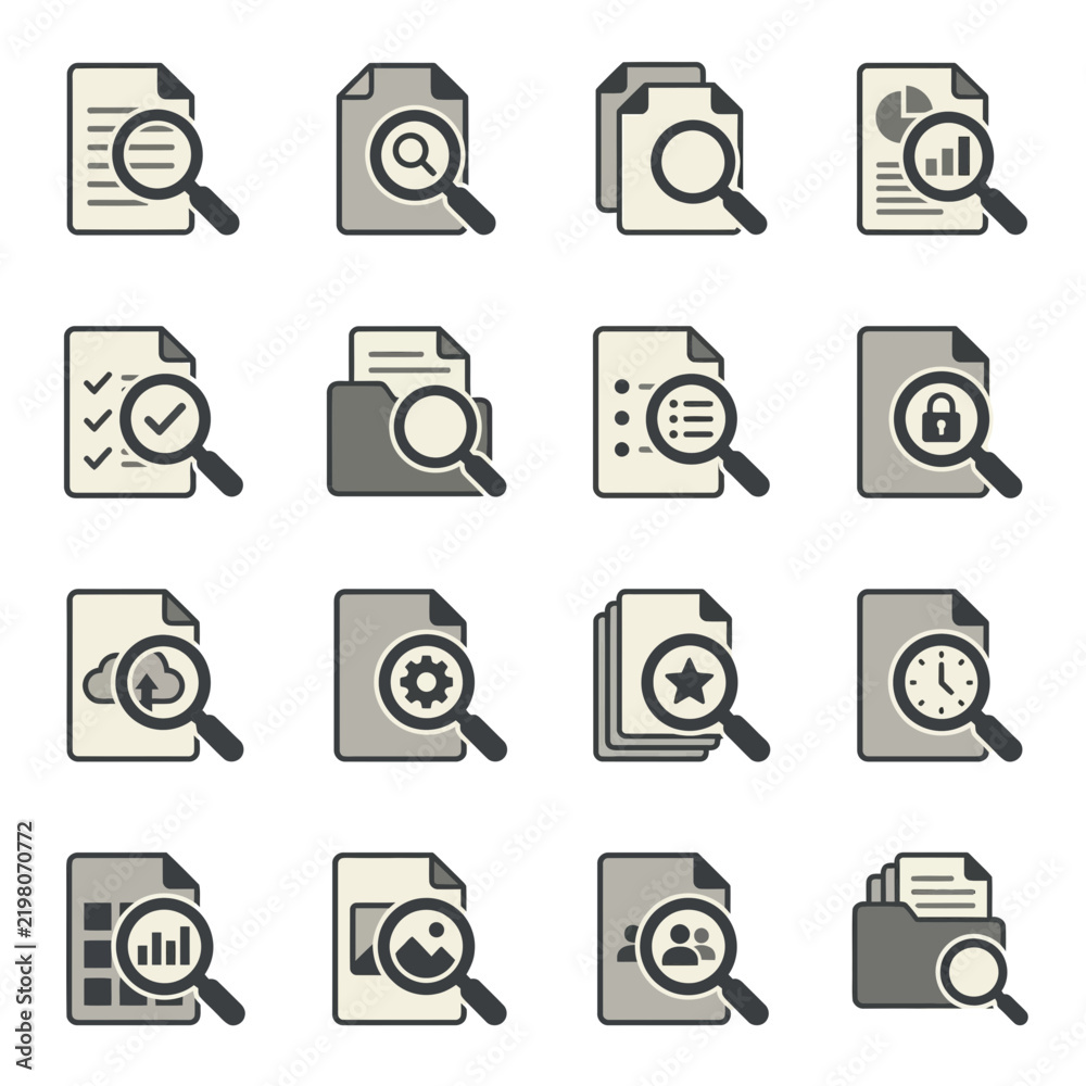 Fototapeta premium Document search and data audit magnifying glass icons.