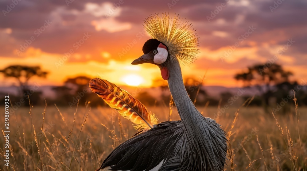 Obraz premium Majestic crowned crane silhouetted against golden savanna sunset.