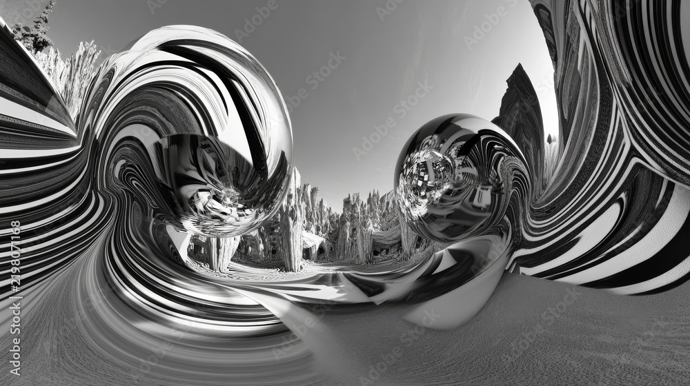 Obraz premium 360 degree panorama view.A 3D image shows a swirling black and white design, like a virtual reality scene you can look all around in.
