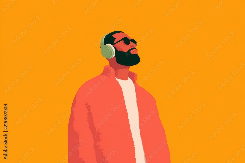 Fototapeta premium A man with a beard wearing a pink jacket and headphones standing against an orange background.