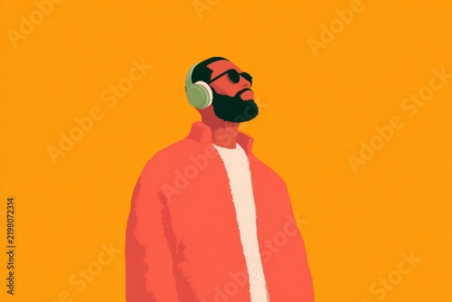 A man with a beard wearing a pink jacket and headphones standing against an orange background.