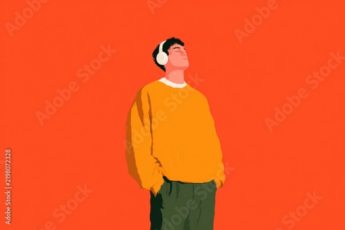 A man wearing a yellow sweater and green pants with headphones on standing against an orange background.