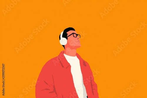 A man wearing a red jacket and headphones with an orange background. he is wearing glasses suggesting he is listening to music.