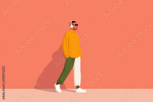 A man in a yellow sweater and green pants standing in front of an orange background. he is wearing a pair of headphones suggesting he is listening to music.
