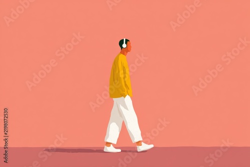 A man in a yellow shirt and white pants with headphones on