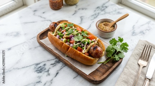 Delicious hot dog topped with fresh garnishes on wooden board.