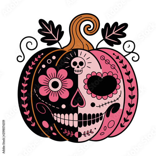 Pink and black sugar skull pumpkin Day of the Dead Halloween design