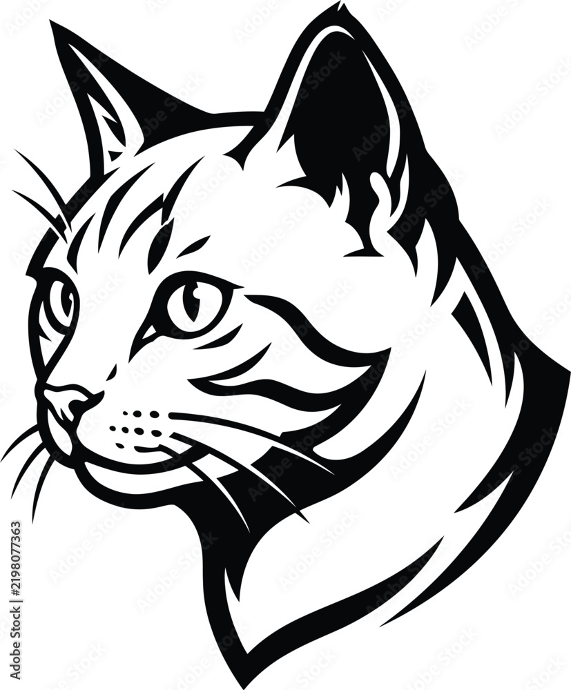 Fototapeta premium Black and white cat head vector graphic illustration of a domestic feline pet profile