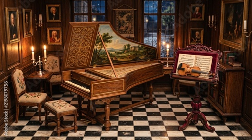 Elegant miniature music salon interior featuring classical grand piano and gilded music stands