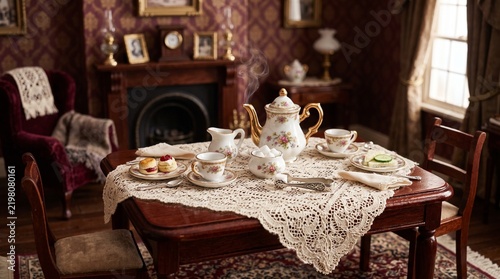 Exquisite miniature afternoon tea service with fine porcelain teapot and teacups on tiered stand