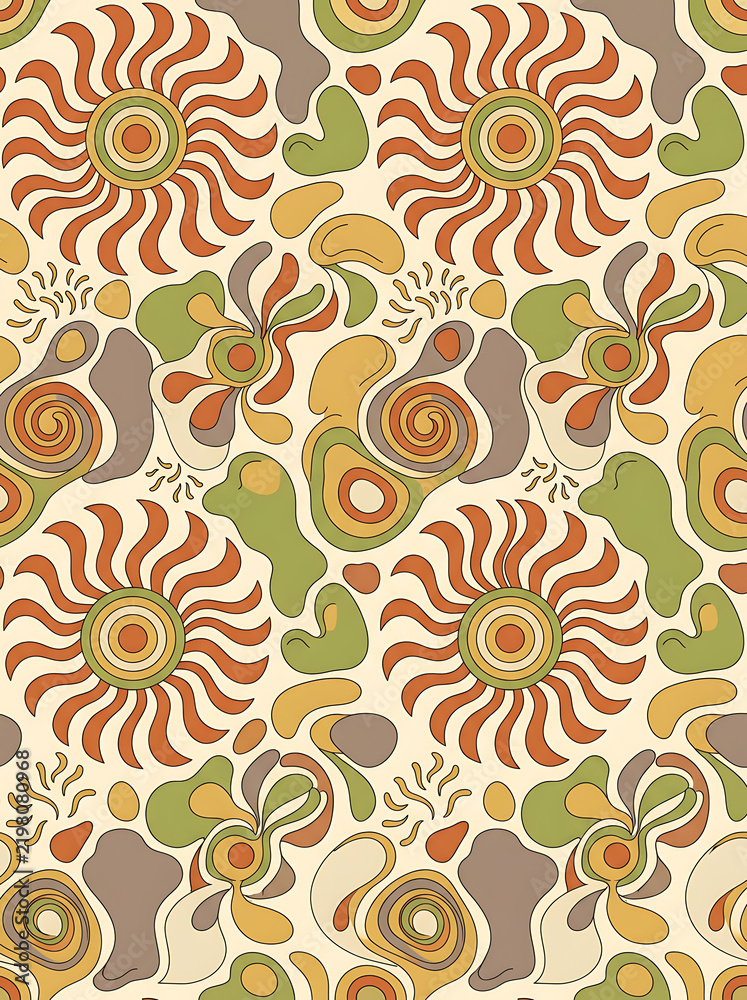 Seamless retro 70s groovy pattern with hypnotic wavy sunbursts and abstract flowers