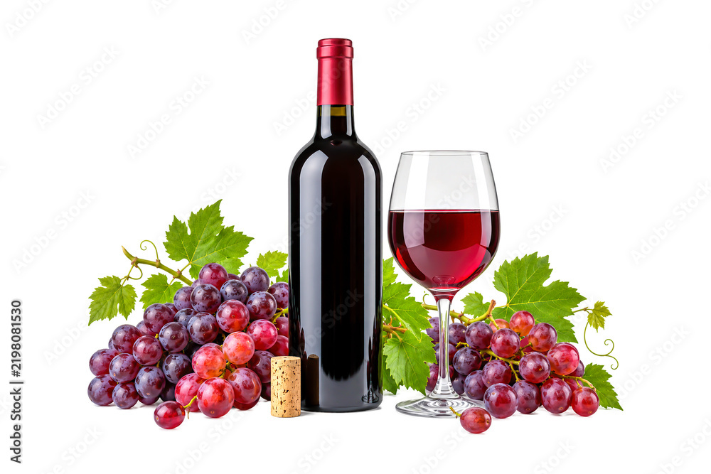 Obraz premium Elegant red wine bottle with a filled wine glass, ripe purple and red grapes, fresh grapevine leaves, and natural cork arranged in a classic still life isolated on a clean white background. Ideal 