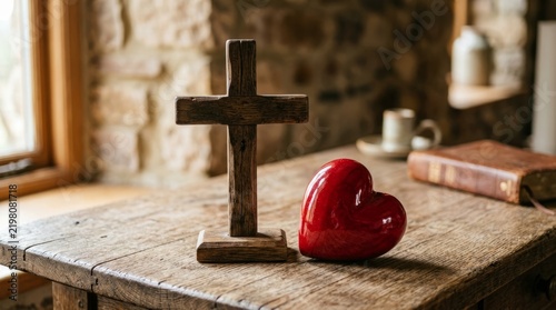 Elegant Wooden Table with Religious Symbols and Heart Decoration.