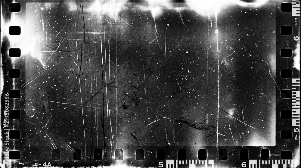 Fototapeta premium Old film texture with scratches, noise and light leaks. Realistic transparent overlay film texture in black-white, dust and grain. Distressed retro movie or photo negative effect of cinema nostalgia