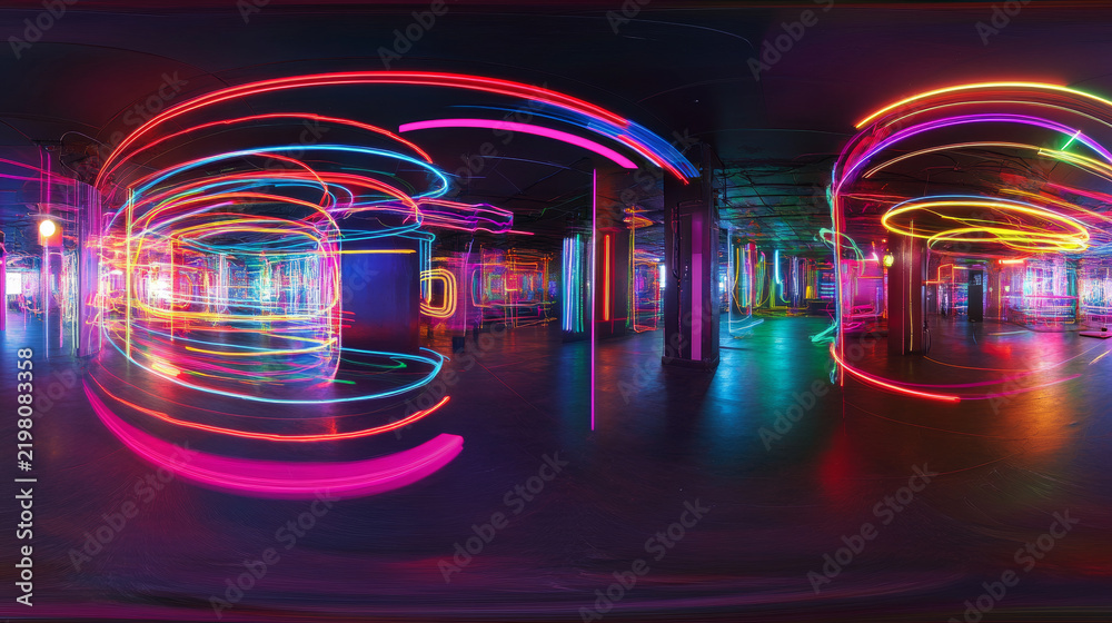Fototapeta premium 360 degree panorama view.A 3D image showing colorful neon lines.