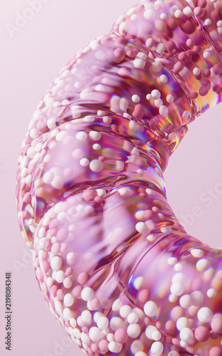 Pink particles in the inflatable soft balloon, 3d rendering.