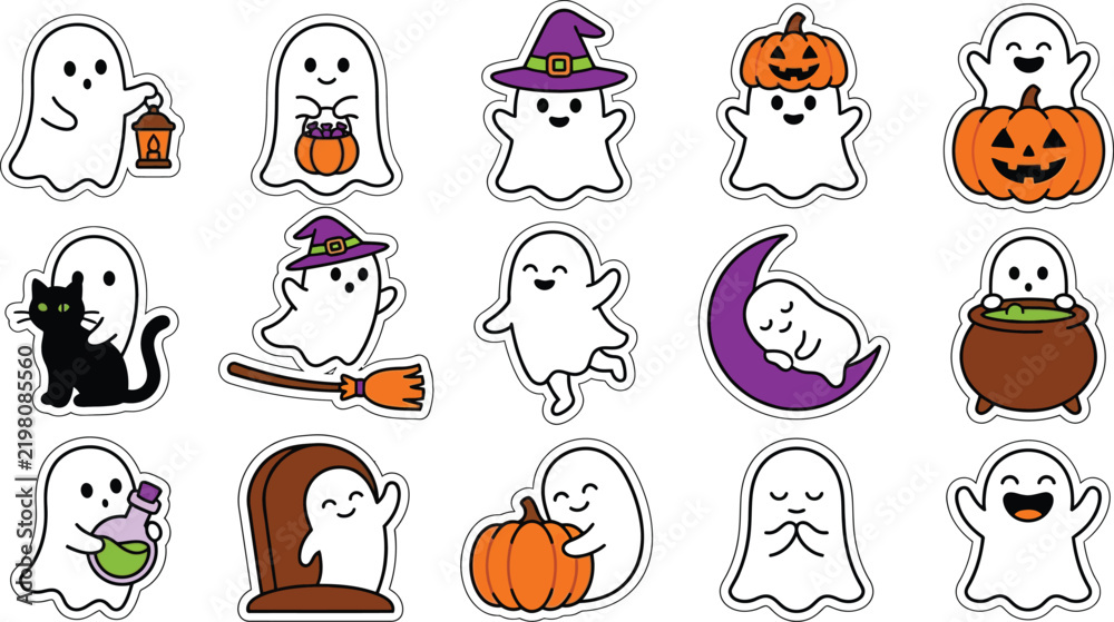 Fototapeta premium Collection of adorable cartoon ghosts and halloween elements in a playful arrangement