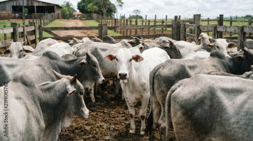 Group of cattle in a rural pasture with natural sunlight.