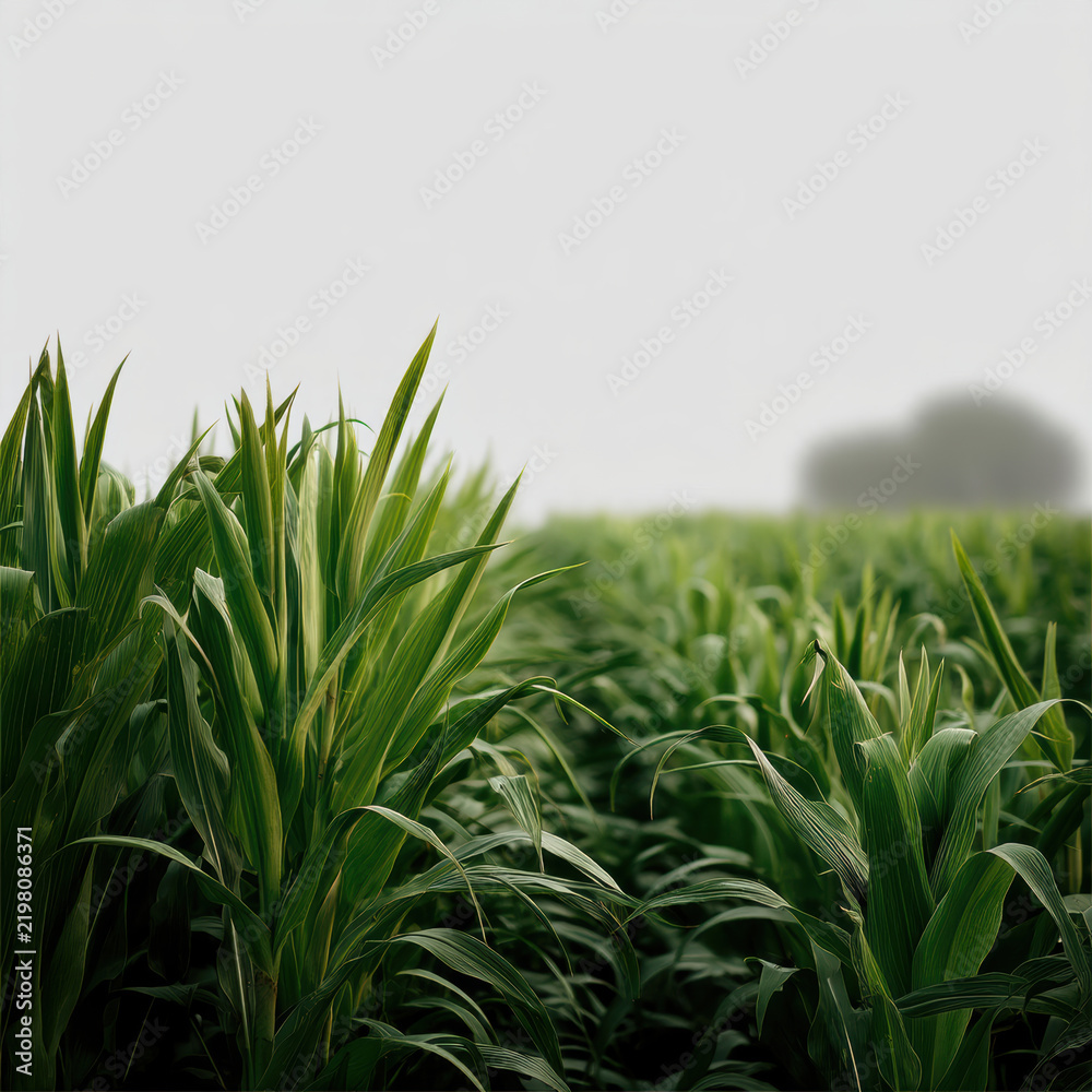 Obraz premium Tall green corn stalks in lush field under cloudy sky, vibrant and fresh, evoke peaceful rural landscape