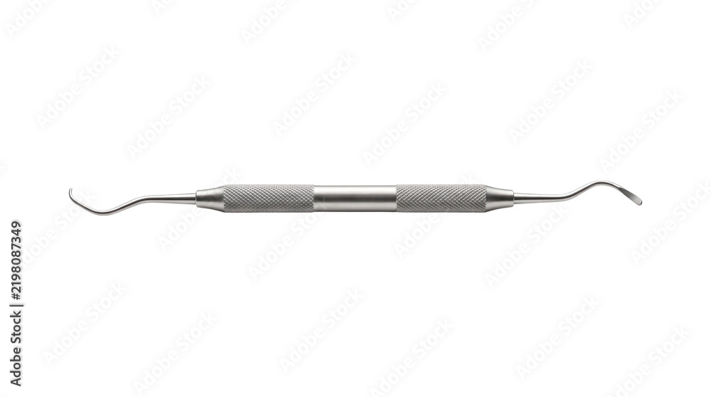 Obraz premium Professional dental scaler tool, stainless steel double-ended periodontal explorer, medical instrument for dentistry on white background