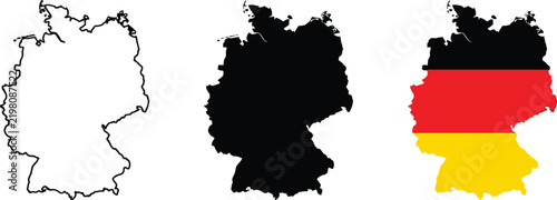 Set of germany map outline silhouette and flag shape isolated on white background