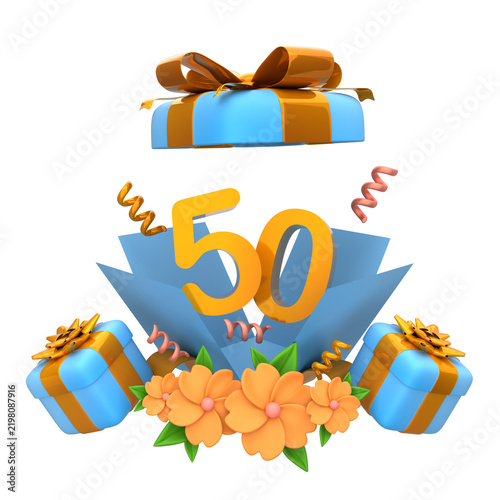 Elegant 3D Illustration for 50th Birthday or Golden Anniversary Celebration featuring Gold Number 50 and Festive Gift Boxes