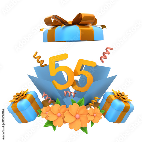 3D Rendered Fifty-Fifth Birthday Celebration Illustration Featuring Gold Number Fifty Five Emerging From An Open Gift Box With Festive Ribbons and Floral Decor
