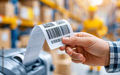 Faceless hand holding printed receipt with QR code emerging from thermal printer in warehouse, barcode printing concept, logistics photography, blurred warehouse background