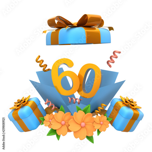 Sixty Years Celebration 3D Render Milestone 60th Birthday and Anniversary Gift Box with Flowers and Confetti