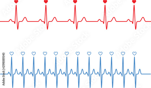 Red and blue heart rate monitor ekg pulse lines with heart symbols on a white background
