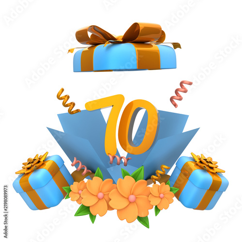 Festive 3D seventy celebration with open gift box, golden number, vibrant flowers, and confetti for a joyful birthday or anniversary event