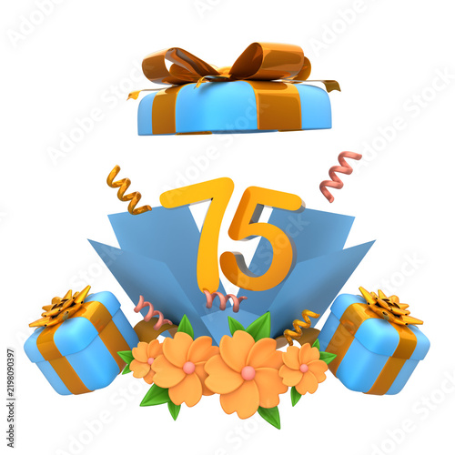 Open gift box with golden 75 number anniversary celebration 3d illustration