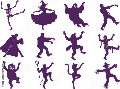 Halloween Monster Dancing Character Silhouette Set vector, 12 Spooky Figures Dancing including Skeleton Witch Ghost Zombie Vampire Werewolf Mummy Devil Pumpkin, Clipart