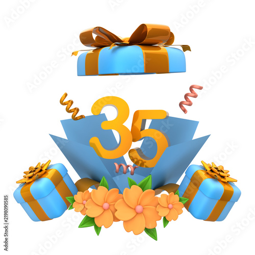 Golden number 35 popping out of a blue gift box with flowers and presents for thirty-fifth anniversary celebration