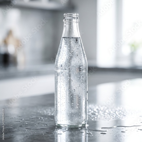 Blank clear glass bottle of cold sparkling water with condensation on kitchen counter mockup