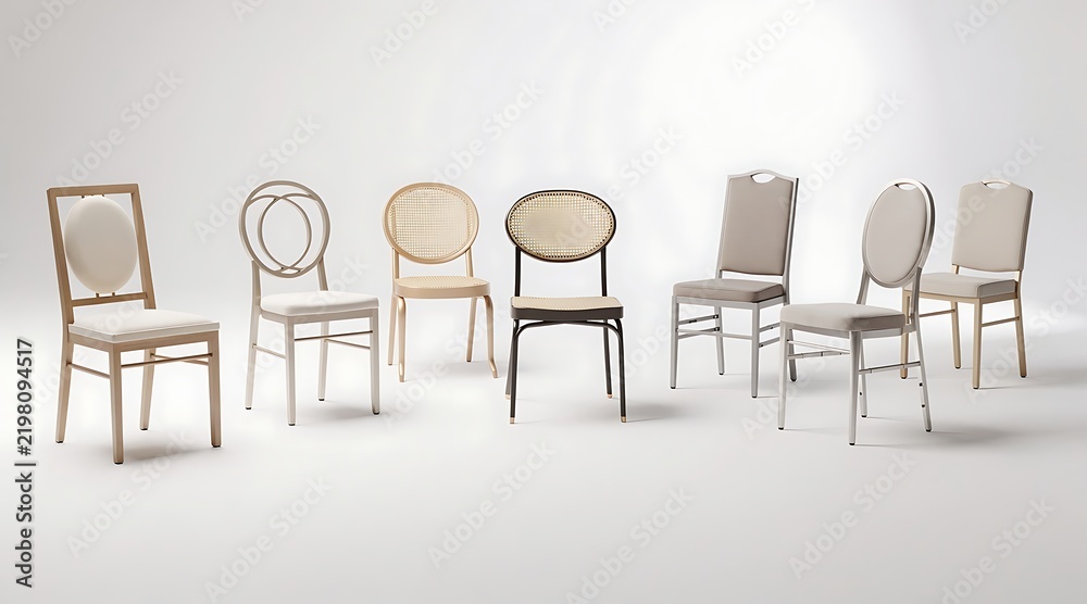 Obraz premium Collection of various modern and classic dining chairs featuring upholstered seats, rattan cane backs, and elegant wooden frames isolated on a clean white background for interior design.